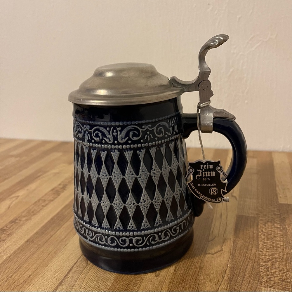 Rein Zinn Blue/white Ceramic Pewter Lid Beer Stein/Barware/Home Decor/Man Cave